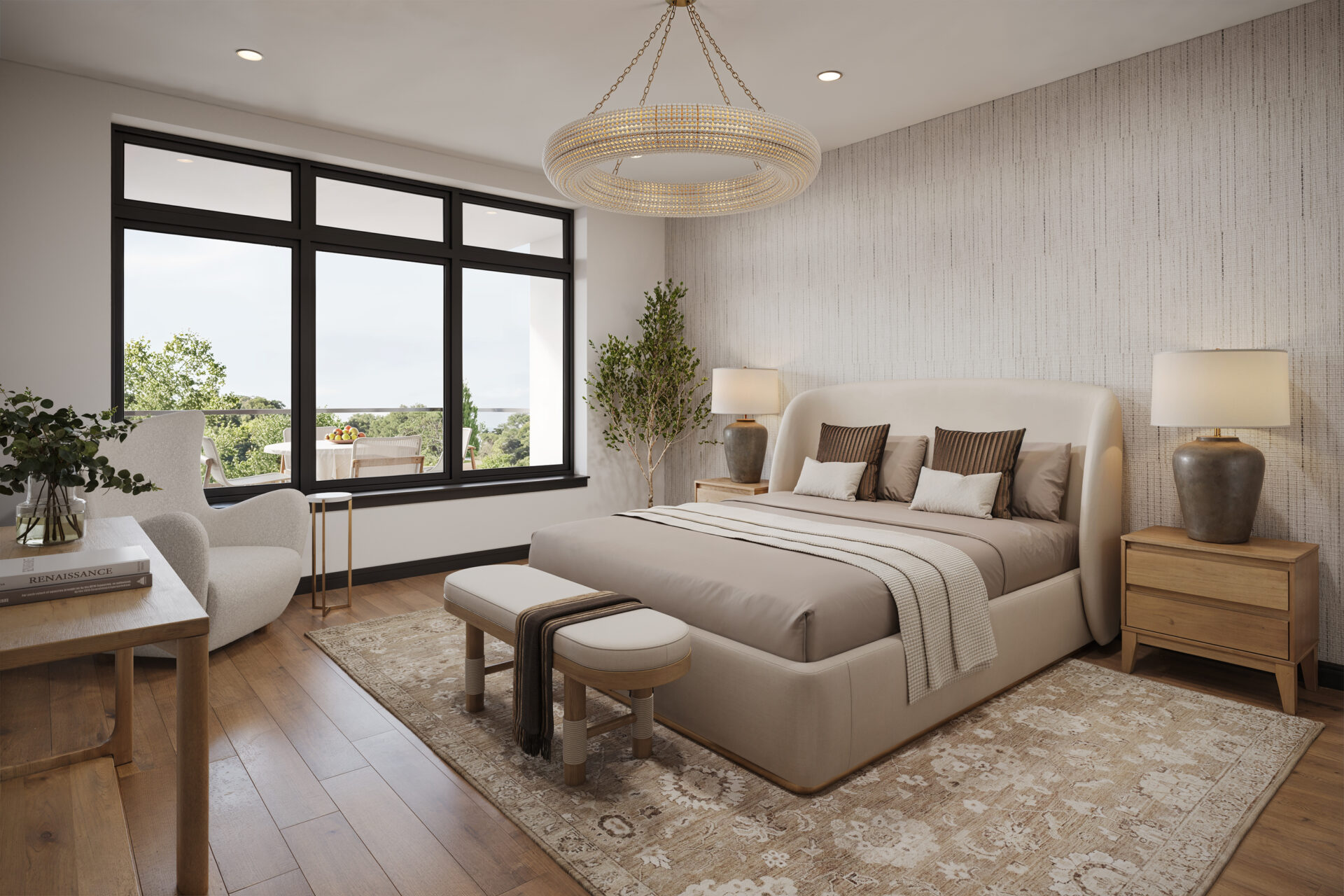 Luxury primary bedroom at The Henry Bozeman MT with oversized windows, hardwood floors, and designer chandelier