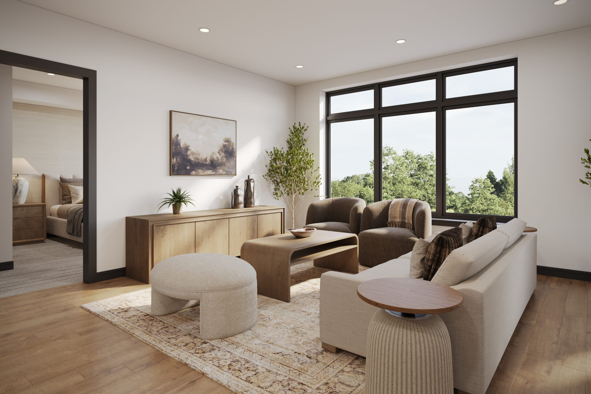 Open-concept living room in a luxury condo at The Henry Bozeman with mountain views